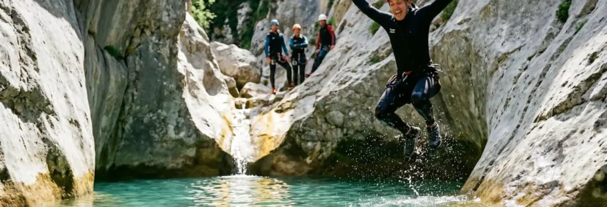 Canyoneur sautant dans une vasque turquoise d'un canyon du Vercors en été, équipé de combinaison néoprène et casque, éclaboussures en mid-air