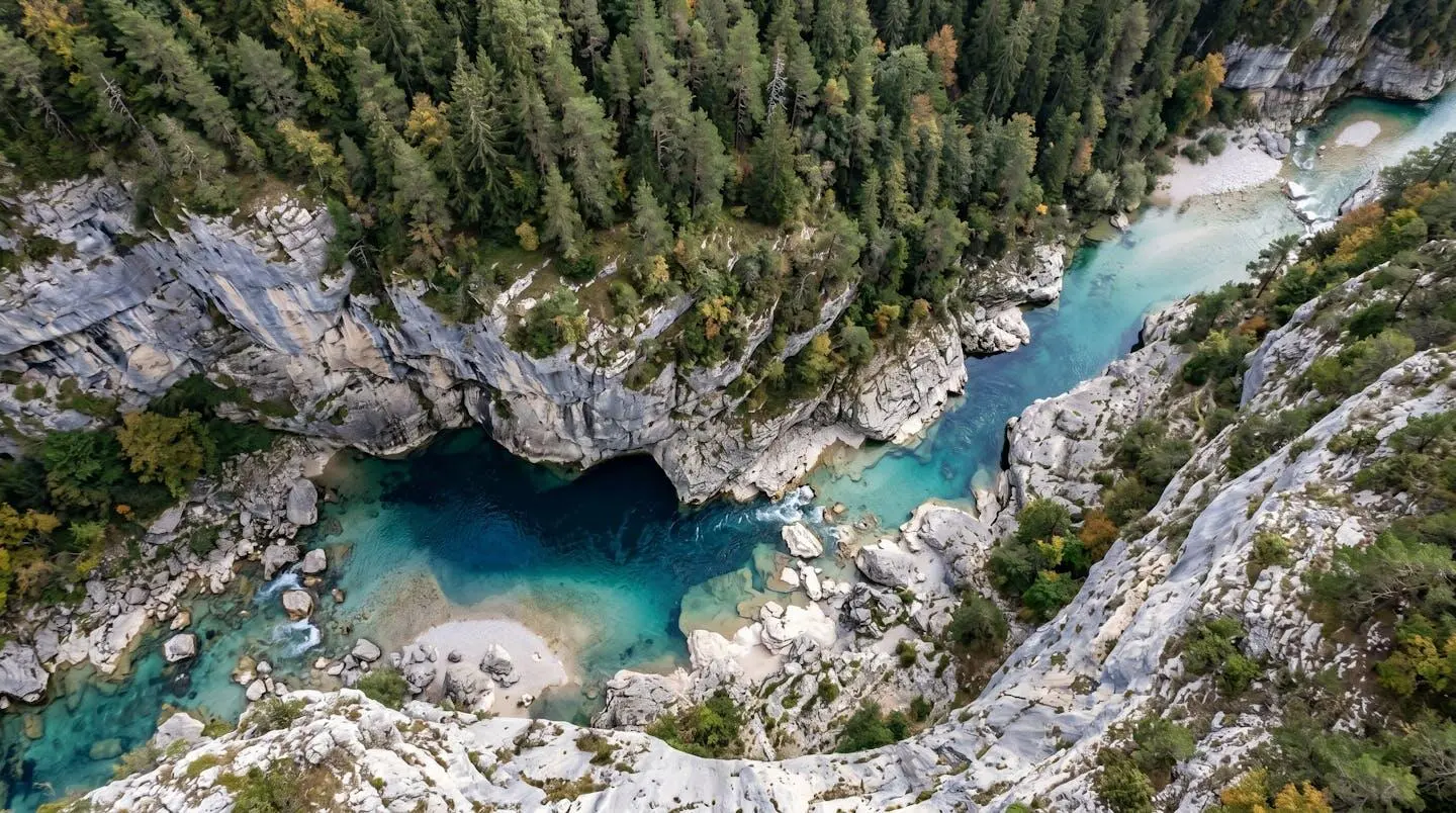 Vue aérienne d'un canyon du Vercors serpentant entre parois rocheuses avec eau turquoise et forêt de conifères