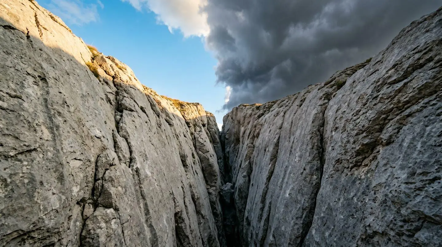 Vue en contre-plongée depuis le fond d'un canyon du Vercors avec ciel divisé entre zone ensoleillée et nuage d'orage gris anthracite
